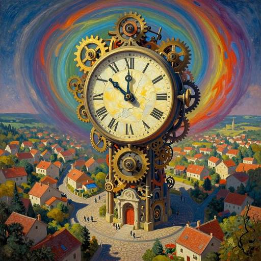 Fantastical digital painting of a giant steampunk clock with glowing gears and swirling colors, towering over a quaint, colorful town.