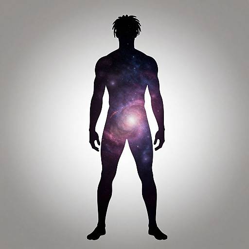 Silhouette of a male figure with a cosmic galaxy pattern on his torso, standing against a bright white background. Digital art.