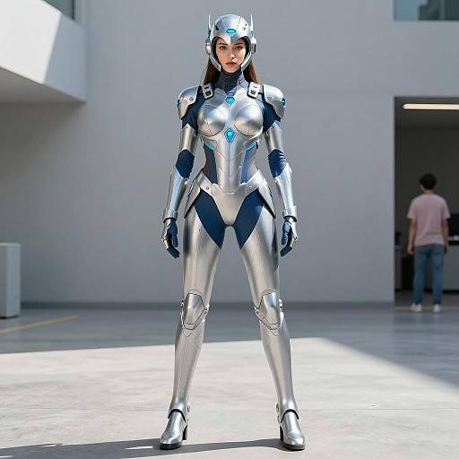 Female Superhero in Silver and Blue Sci-Fi Armor