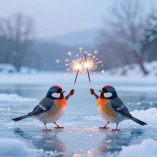 Photograph of two colorful blue, yellow, and red birds standing on a snowy, icy surface, holding sparklers, lighting up the winter scene.
