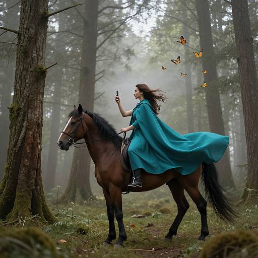 Photograph: Enchanted forest scene with a woman in a flowing blue cloak riding a brown horse, surrounded by flying butterflies. Misty, tall