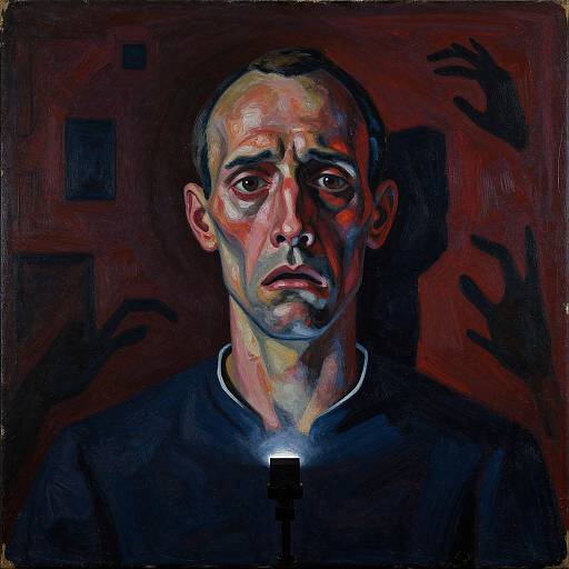 Digital painting of a bald, melancholic man with pale skin, dark shadowed eyes, and a somber expression, set against a dark, abstract