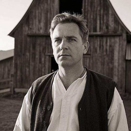 Black-and-white photograph of a serious middle-aged man with short, spiked hair, wearing a white shirt and dark vest, standing in front of a rustic