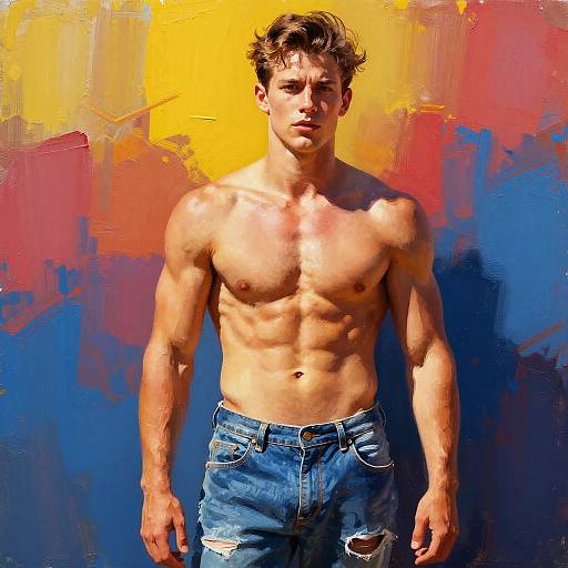 Photograph of a muscular, shirtless young man with short brown hair, wearing torn blue jeans, standing against a vibrant yellow, red, and blue