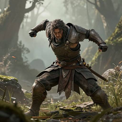 Digital fantasy artwork of a fierce, armored warrior with fur-trimmed cloak, poised in battle stance in a misty forest.