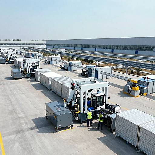 Photograph of an airport cargo area with multiple white shipping containers, yellow-vested workers, forklifts, and industrial equipment on a sunny