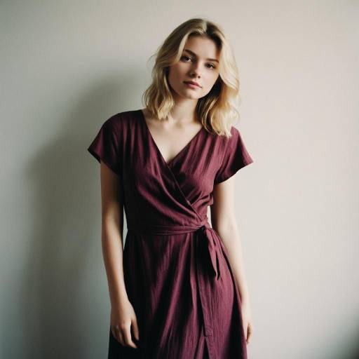 Portrait of Young Blonde Woman in Berry Wrap Dress