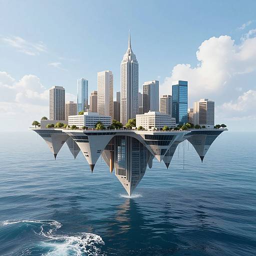 Digital artwork of a futuristic cityscape floating on three triangular supports above a calm blue ocean, with tall skyscrapers and clear sky.