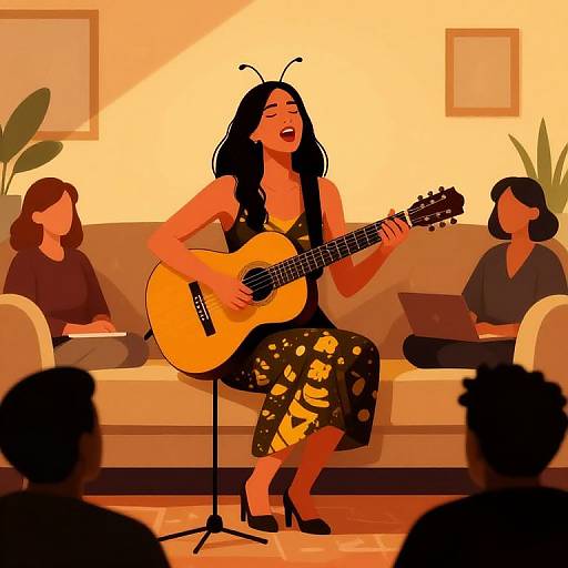 Digital illustration of a black-haired woman in a yellow floral dress, singing and playing an acoustic guitar on stage, with two seated audience members in the background