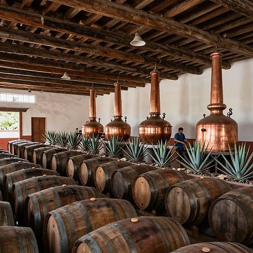 Photograph of rustic wine cellar with wooden ceiling, copper stills, and rows of wooden barrels topped with spiky agave plants. Person in blue