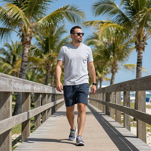 Photograph of a fit, bearded man with short dark hair, wearing sunglasses, white t-shirt, black shorts, and gray sneakers, walking on