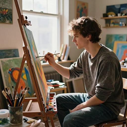 Photograph of a young man with curly brown hair, wearing a gray sweatshirt, painting on an easel in a sunlit, cluttered studio