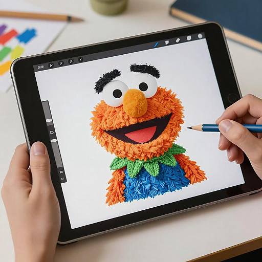 Photograph of hands drawing Elmo on a tablet, with colored pencils and art supplies in blurred background. Digital illustration.