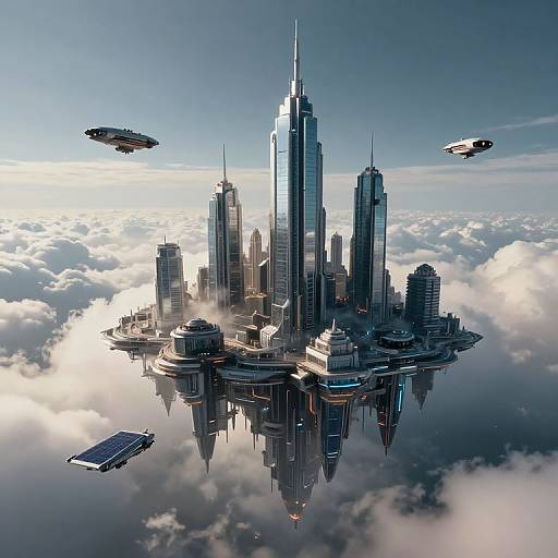 Photorealistic CGI of a futuristic, cloud-floating cityscape with towering skyscrapers, surrounded by flying saucers and solar panels, reflecting in