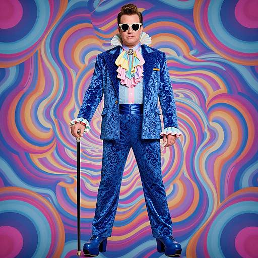 Photograph of a man in a blue, paisley-patterned suit, white ruffled shirt, sunglasses, holding a cane, against a vibrant,