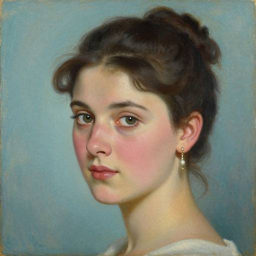 Realistic digital painting of a young woman with fair skin, brown hair in a bun, blue eyes, pink cheeks, wearing gold earrings, against a