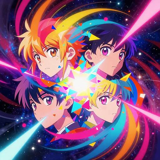 Anime-style digital illustration of four colorful-haired characters with large, expressive eyes, surrounded by vibrant, neon light trails against a starry black background.