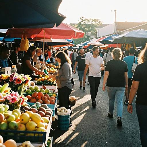 Photograph of a bustling outdoor market with colorful fruit stalls, red and blue umbrellas, and diverse shoppers walking on a sunlit street.