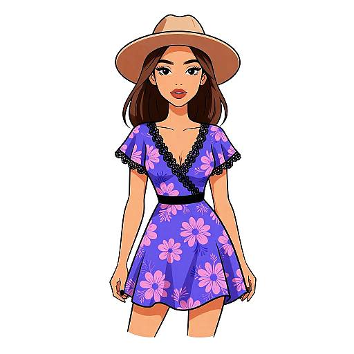 Digital illustration of a young woman with fair skin, brown eyes, and long brown hair, wearing a purple floral dress, black lace trim, and a