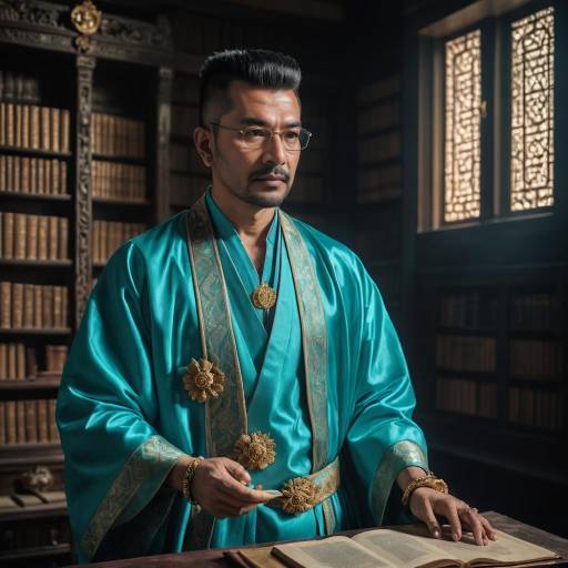 Man in Cyan Lotus Silk Robe in Ancient Library