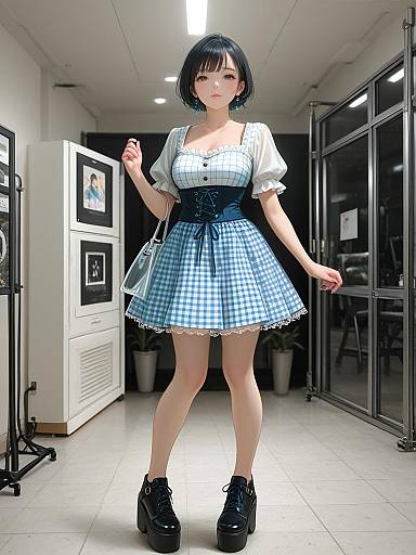 Digital anime-style image of a cute young woman with short black hair, wearing a blue checkered dress, white blouse, black corset, and black