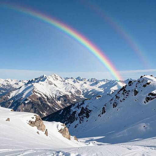 Photograph of a vivid rainbow arching over a snow-covered mountain range with sharp peaks under a clear, bright blue sky.