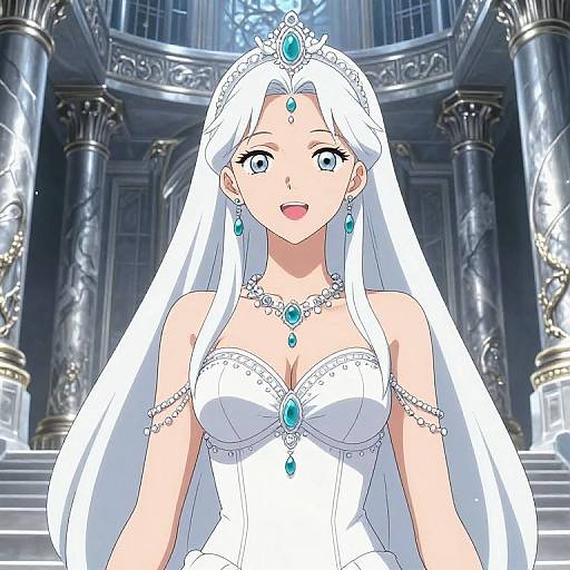 Anime-style digital drawing of a beautiful white-haired bride with blue eyes, wearing a white strapless dress and crown, adorned with blue gems, standing in