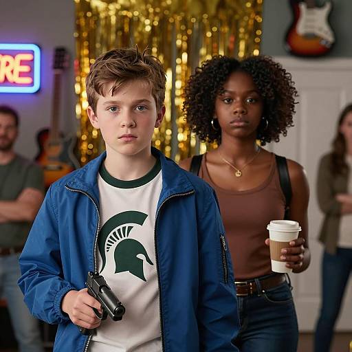 Determined Youth in Neon Room