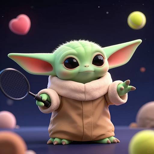 Digital CGI of a cute, green Gungan-like creature with large ears, wearing a fluffy brown coat, holding a tennis racket, against a starry