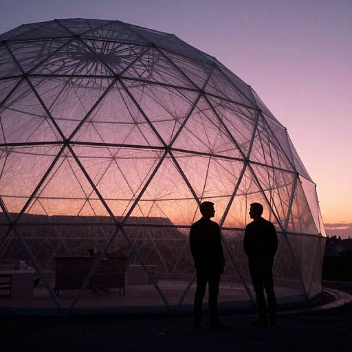 Photograph of two silhouetted people standing in front of a translucent, geometric dome against a purple and orange sunset sky.