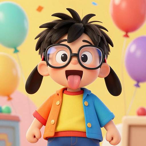 3D CGI cartoon boy with black spiky hair, large glasses, orange-blue-yellow shirt, sticking out tongue, surrounded by colorful balloons.