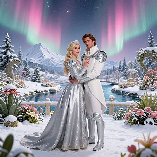 Digital artwork of a silver-haired princess in a shimmering silver gown and tiara, embracing a dark-haired knight in white armor, set against a snowy