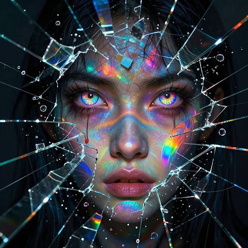 Digital artwork of a woman with glowing, multicolored eyes, shattered glass around her face, and vibrant rainbow reflections on her skin, creating a surreal