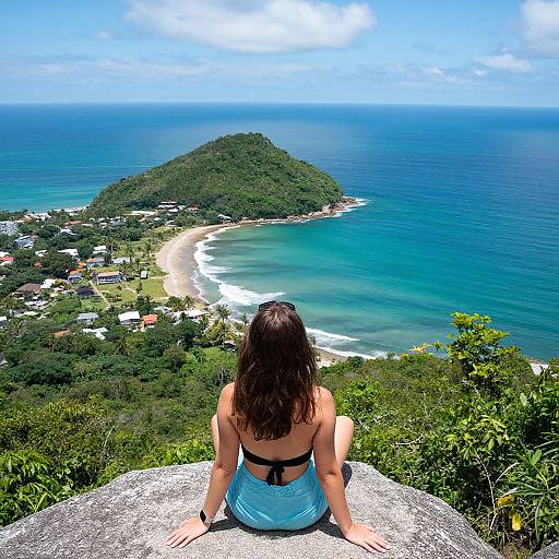 Photograph of a woman with long brown hair, wearing a black bra and light blue skirt, sitting on a rock, overlooking a turquoise ocean and green