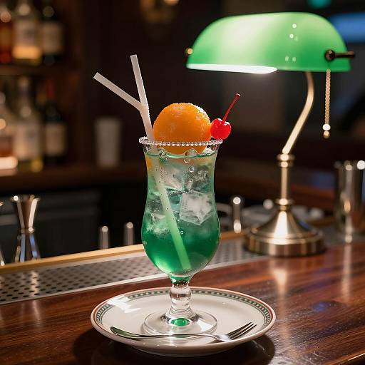 Green Cocktail with Orange Ice Sphere