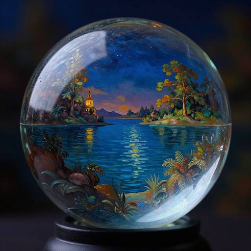 Photograph of a crystal snow globe with a vibrant, detailed night scene featuring a glowing castle by a reflective lake, surrounded by colorful trees and foliage,
