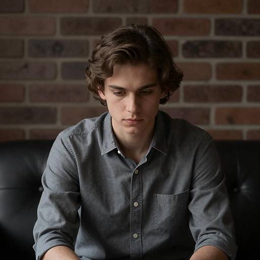 Young Man in Gray Shirt Sitting on Leather Couch