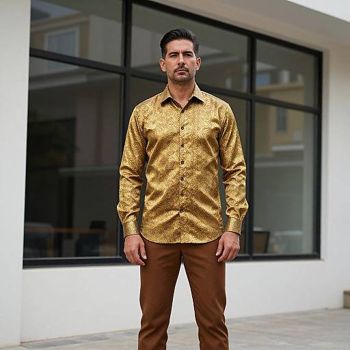 Stylish Man in Gold Shirt Outdoors