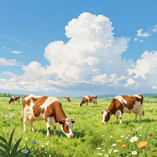 Photograph-style digital artwork of a sunny pasture with six brown and white cows grazing, surrounded by vibrant green grass and colorful wildflowers, under a bright