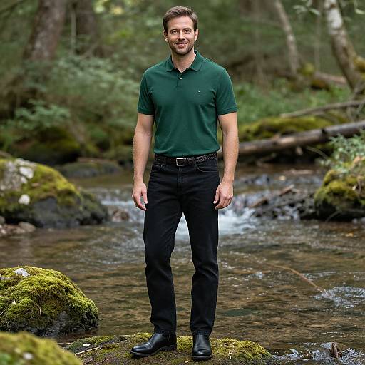 Photograph of a smiling, bearded man with short brown hair, wearing a dark green polo shirt, black pants, and black boots, standing in