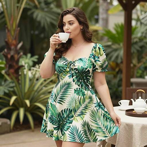 Curvy Woman in Tropical Dress Tea Time