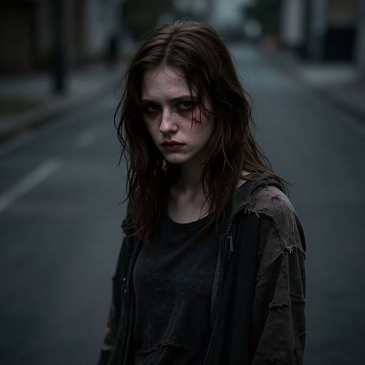 Photograph of a pale, sad-eyed young woman with wet, dark brown hair, wearing a tattered black shirt, standing on a deserted, dim