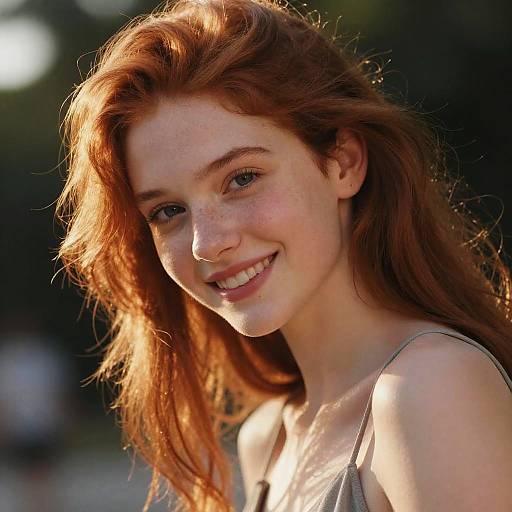 Photograph of a smiling young woman with long, red, sunlit hair, freckled face, and wearing a light, sleeveless top,