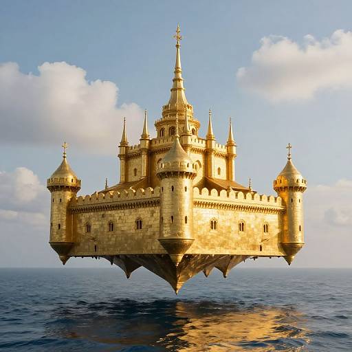 Floating medieval castle with golden towers and spires, reflected on calm ocean, against a blue sky with scattered clouds.