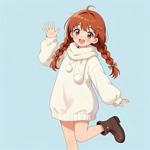 Anime-style digital drawing of a cute, red-haired girl in a white oversized sweater, black boots, and braided pigtails, waving against a