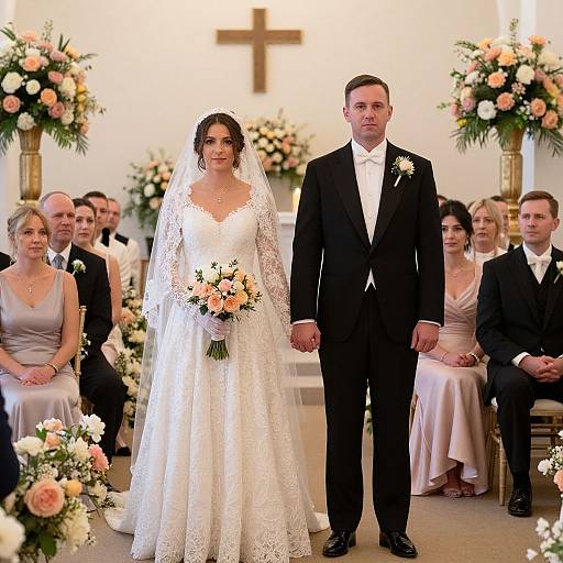 Photograph of a bride in a white lace wedding dress and veil, holding a bouquet, and groom in a black tuxedo, walking down the