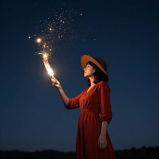 Photograph of a woman in a red dress and brown hat, holding a sparkler, against a dark blue evening sky.