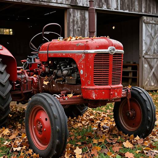 Photograph of a rusty, red vintage tractor with large black tires, surrounded by fallen orange and yellow leaves, in front of a weathered wooden barn