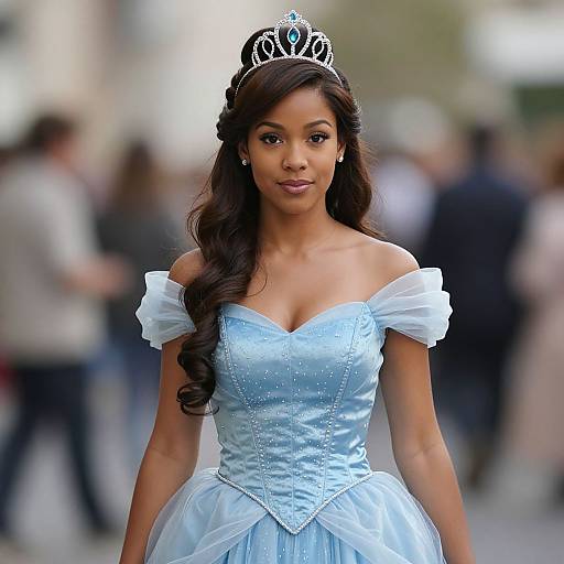 Photograph of a beautiful Black woman with long wavy hair wearing a silver tiara, off-shoulder light blue princess dress, and white p