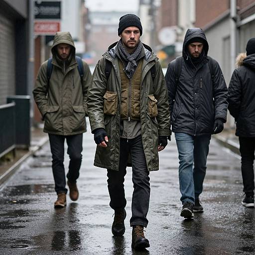 Photograph of three men in winter clothing walking on a wet, urban street; central man in green jacket and beanie leads.